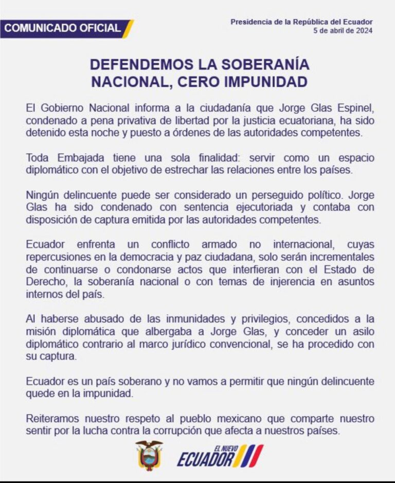 Crisi diplomatica tra Ecuador e Messico a seguito dell’arresto di Jorge Glas