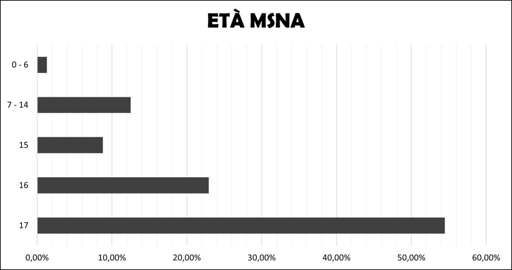 Grafico a barre che mostra le percentuali di MSNA in Italia per età: la maggioranza ha 17 anni, segue la fascia 16 anni, poi 7–14 anni.