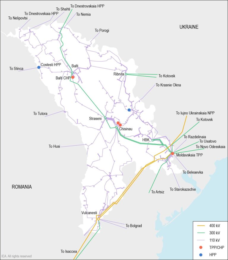 Rete di trasmissione elettrica esistente in Moldova
