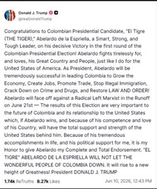 Figura 1 Fonte: Post dall'account ufficiale Truth del presidente degli Stati Uniti Donald J. Trump, 10/6/2026
