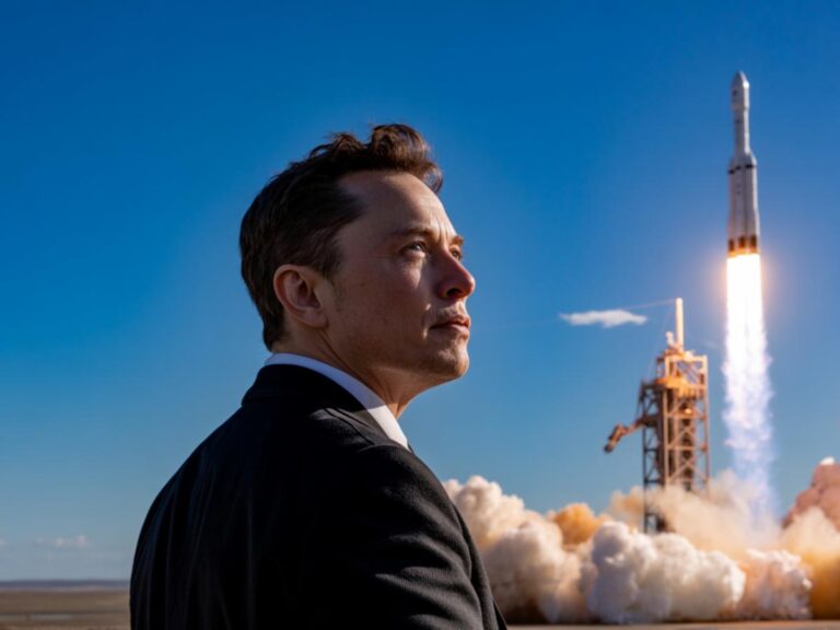 Elon Musk davanti a un razzo SpaceX